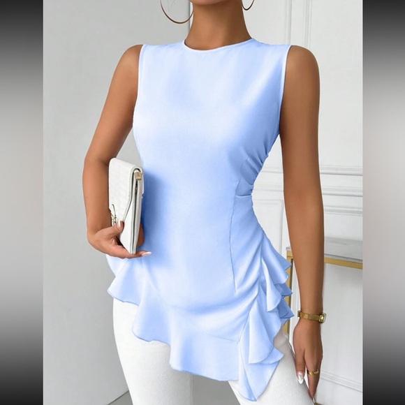 Luxe pink round neck ruffle hem sleeveless blouse - Picture 15 of 16